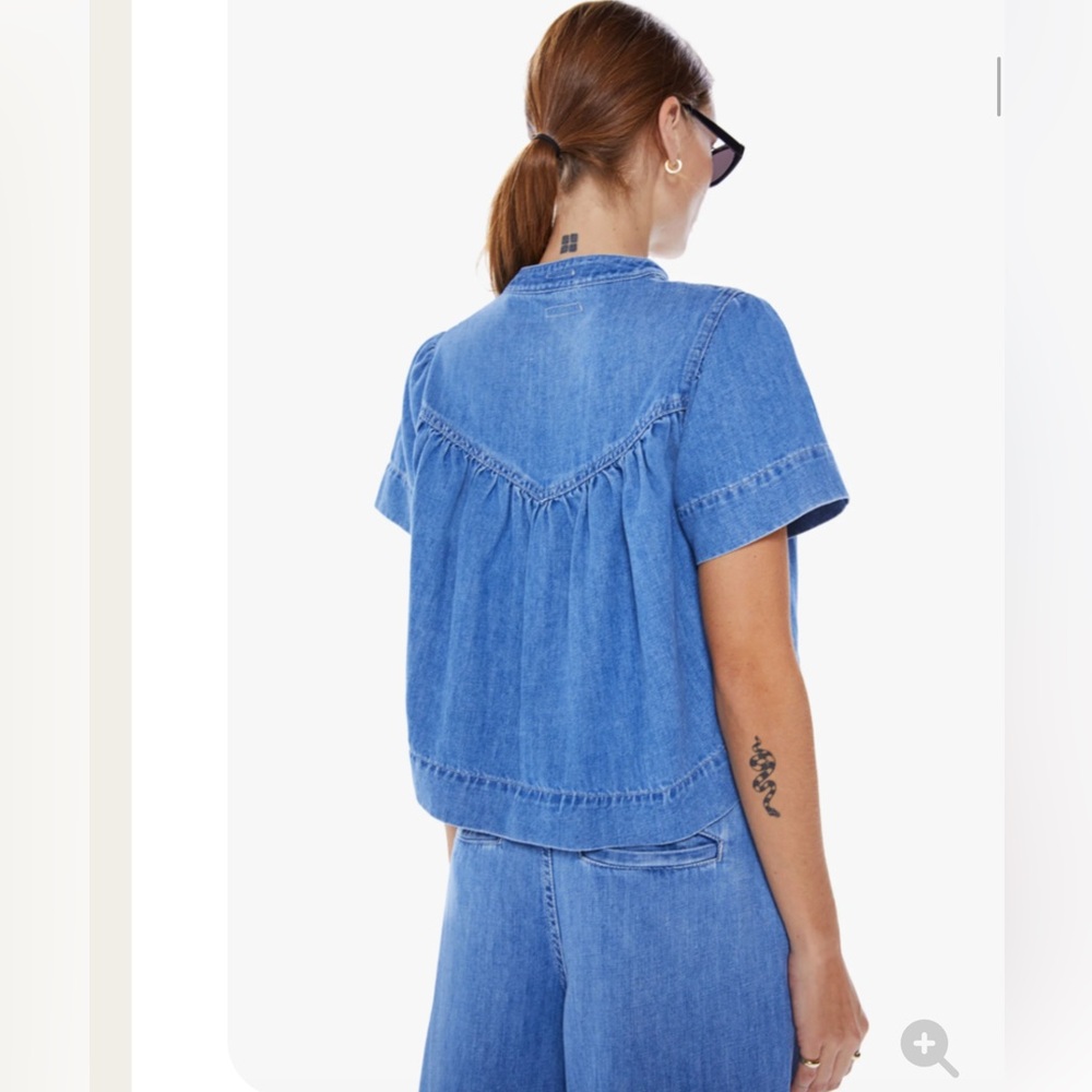 MOTHER Denim The Giggler Top Salt/Lime Blue Jean Button Babydoll S $255 - Picture 3 of 16